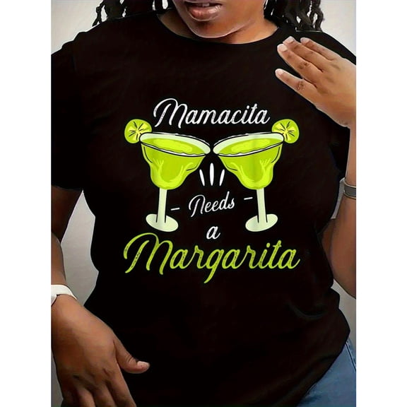 Women's Black "Mamacita Needs a Margarita" Graphic Tee Plus Size S-5XL, Funny Cocktail Printed T-Shirt, Casual Oversized Top for Party Lovers