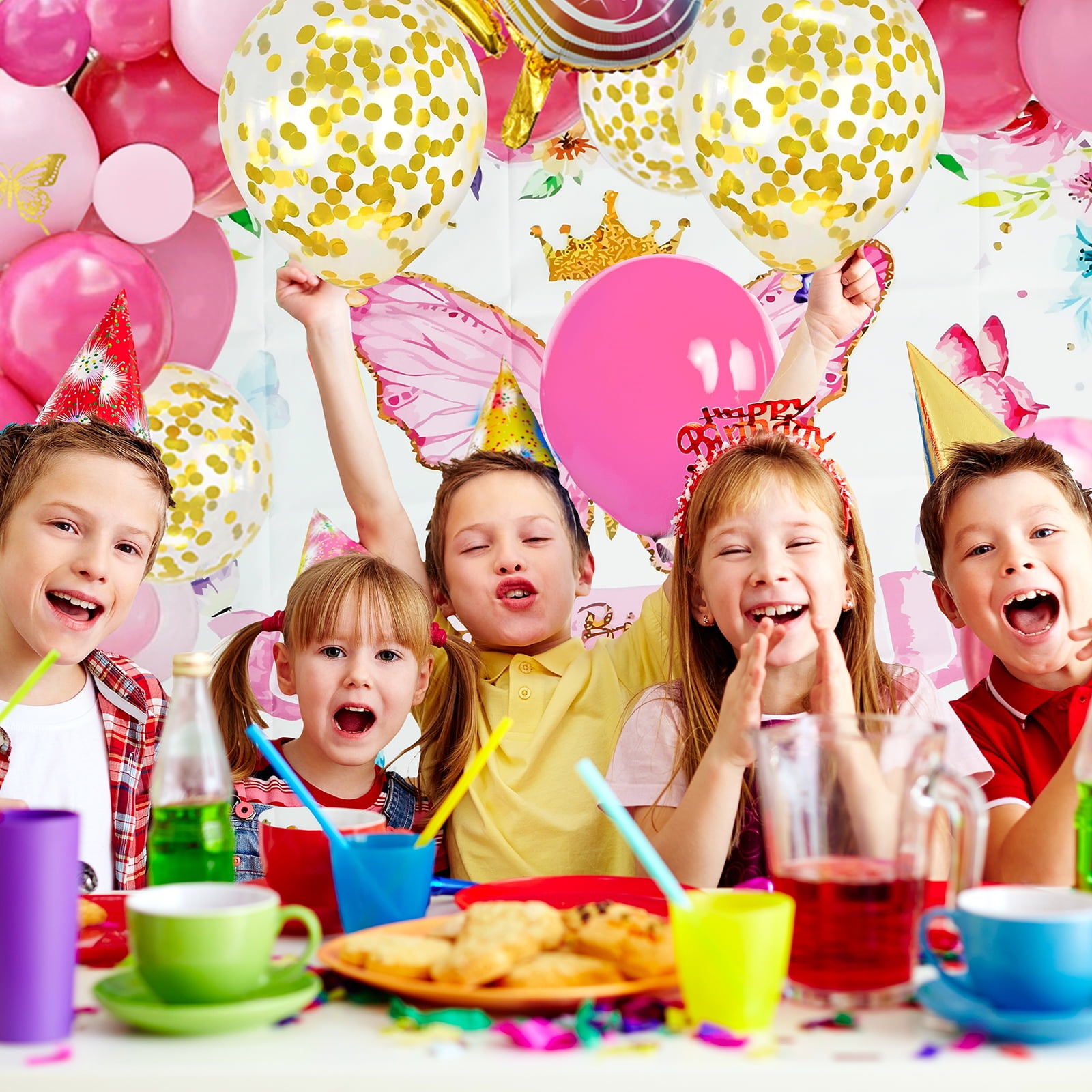 126Pcs Pink Balloon Arch Kit with Foil Butterfly Balloons, Happy Birthday Backdrop & Tablecloth Decorations for Girl's Party