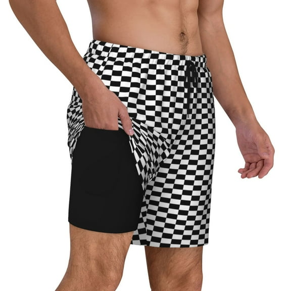 Mens Swim Trunks Chess Checkerboard Quick Dry Board Shorts with Compression Liner