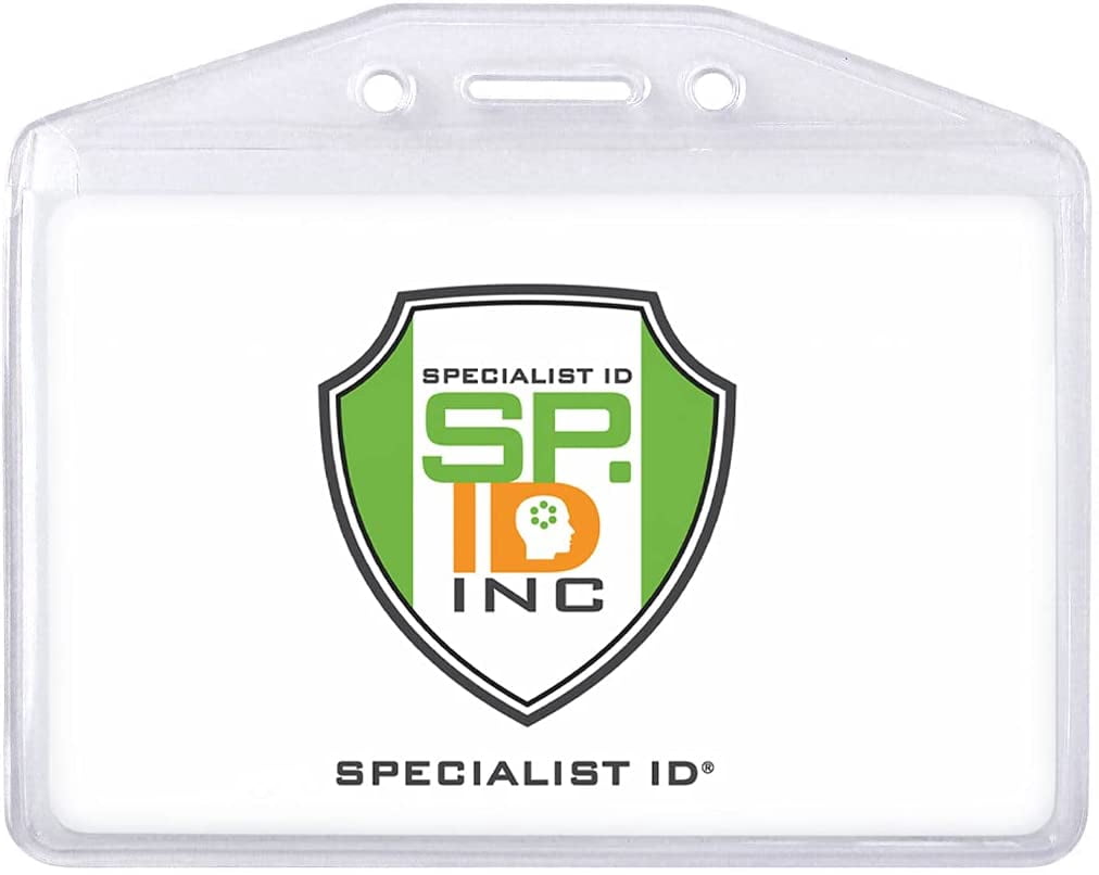100 Pack - Clear Soft Vinyl Horizontal Badge Holder with Fold Over Flap - Heavy Duty Name Tag Protector for I'd Card by Specialist ID