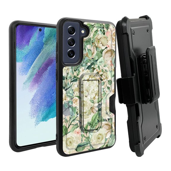 ANJ Rugged Dual Layer Hybrid Holster Kickstand Case w/ Card Slot Tempered Glass Cover for Samsung Galaxy S21 FE 5G - Blooming Flowers 2