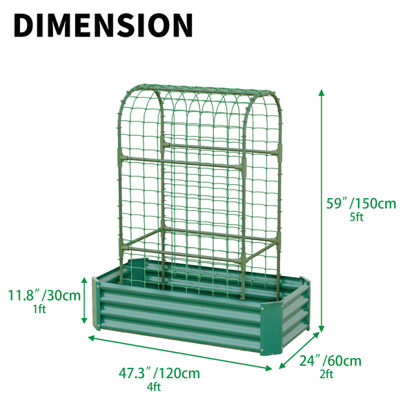 2 in 1 Raised Garden Bed with Trellis, 59" Tall Arch Planter Box for Climbing Plants, Outdoor Galvanized Metal Gardening Bed for Vegetables, Fruits, Flowers (Green, 4x2x1 Ft)