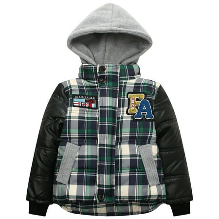 Richie House Little Boys Green Plaid Faux Leather Hooded Padding Jacket 2/3