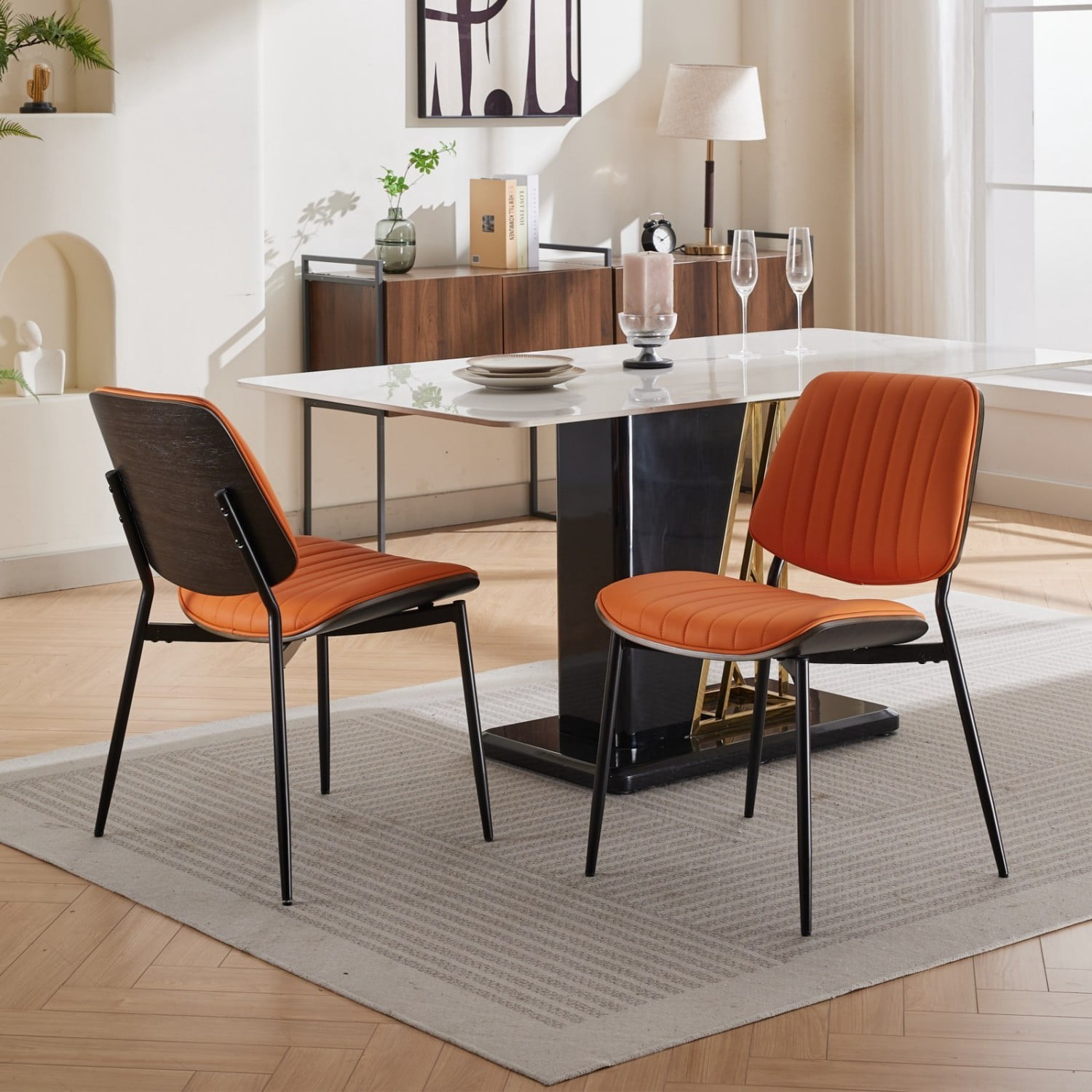 Dining Chairs Set of 2 Mid Century Modern Retro Faux Leather Chairs with Walnut Bentwood Back Upholstered Seat Metal Legs Adjustable Foot Pads Kitchen Dining Room Chairs, Orange