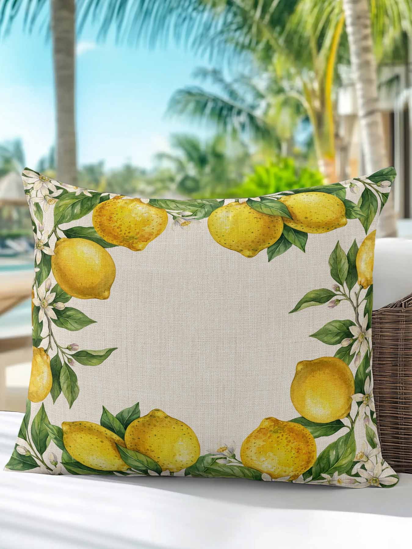 1 Pack Outdoor Pillows Waterproof, Summer Lemons Indoor/Outdoor Throw Pillows with Inserts, Fruits White Flowers Vintage Rustic Decorative Pillow for Patio Furniture Chairs Couch