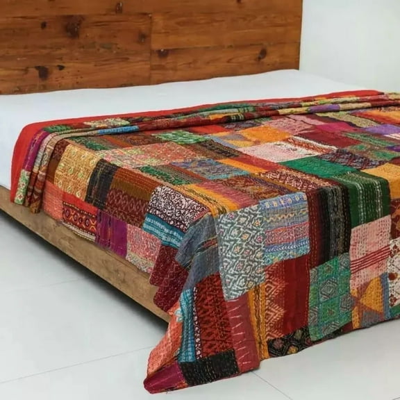 Bed Blanket Handmade Mandala Silk Bedpread Kantha Throw Quilt Bedding Block Print Kantha