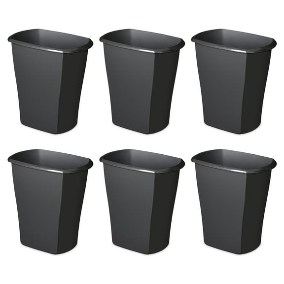 Sterilite 3 Gallon Trash Can, Open Plastic Trash Can for Small Spaces or Under the Sink, Black, 6 Count
