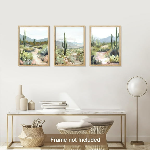 PixonSign Adhesive Canvas Print Wall Art Set - Desert Cactus Landscape Art - Set of 3 California Desert Botanical Southwest Farmhouse Wall Décor for Living Room, Bedroom - 8"x10" Panels