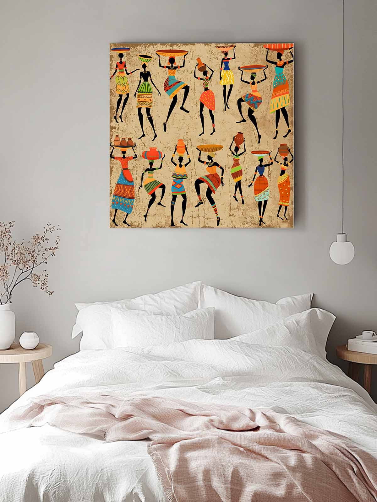 Black African Women Canvas Wall Art, Vintage Abstract Ethnic Style Bohemian Linen Texture Framed Wall Decor Modern Artwork Prints Painting for Living Room, Bedroom, Kitchen & Cafe Decor 16x16 Inch