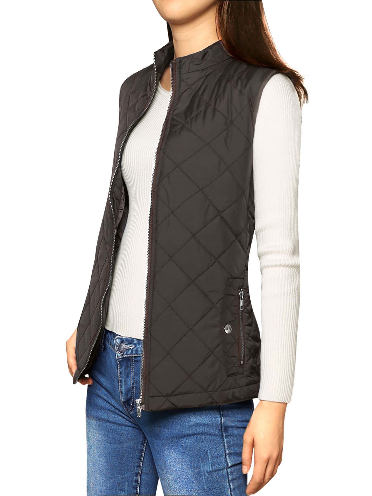 DARING DIVA Women's Zip Stand Collar Quilted Padded Vest L Brown