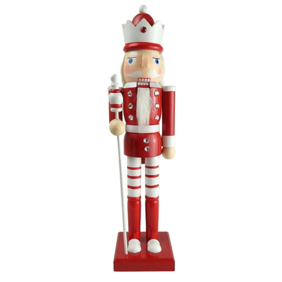 15" Red and White Nutcracker Decoration with White Staff – Hand painted wood Decoration Classic Style with Modern Design for Collectors or Gifting