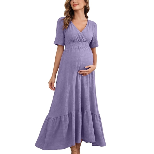 XiYing Robe Décontractée, Robe de Maternité Unie à Manches Courtes à Volants pour Photographie de Soirée, Style Moulant à Col en V (P-2TG),