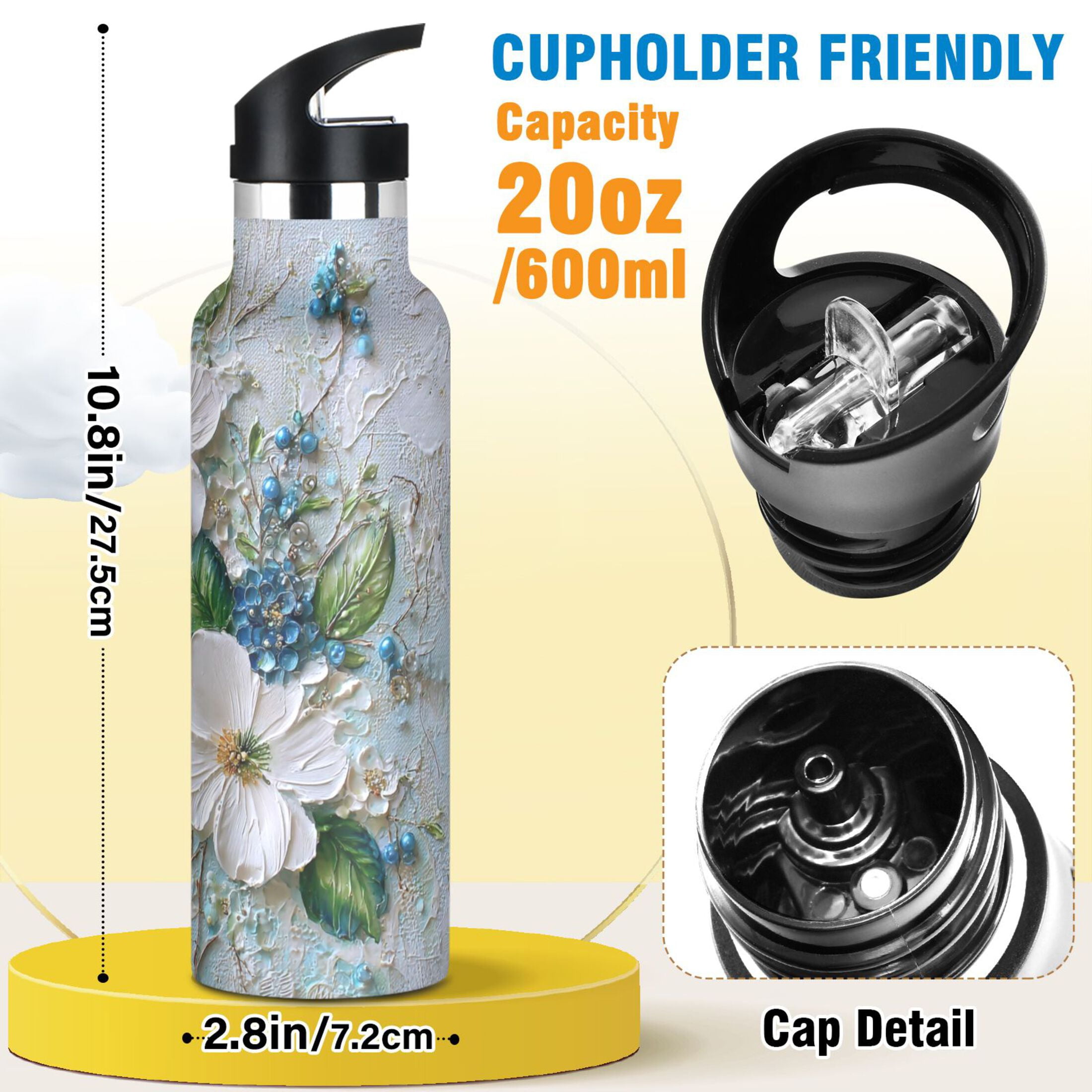 600ML Stainless Steel Insulated Cup Sports Water Bottle Portable Thermos Cup Water Glasses Insulated Tumblers Convenient and Durable White Flowers