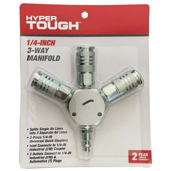 Hyper Tough 3-Way Universal Steel Air Manifold Fits with 1/4" Coupler& Plug, HT3WAM