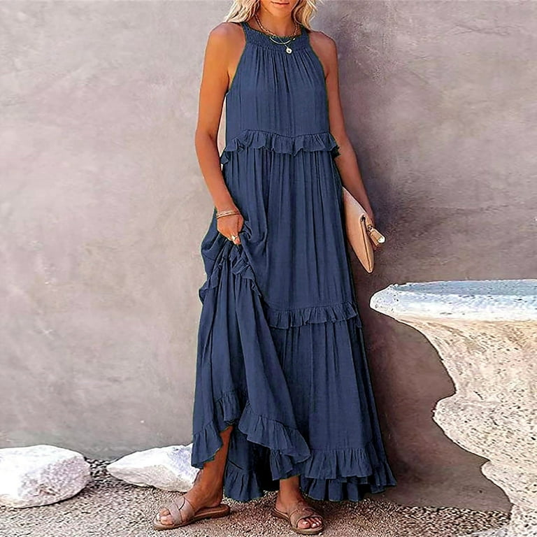 YAYUBA Wedding Dress Long Summer Dresses for Women 2024 Sleeveless Maxi Dress  Casual Flowy Ruffle Elegant Dress Floral Travel Summer Dress - Walmart.com