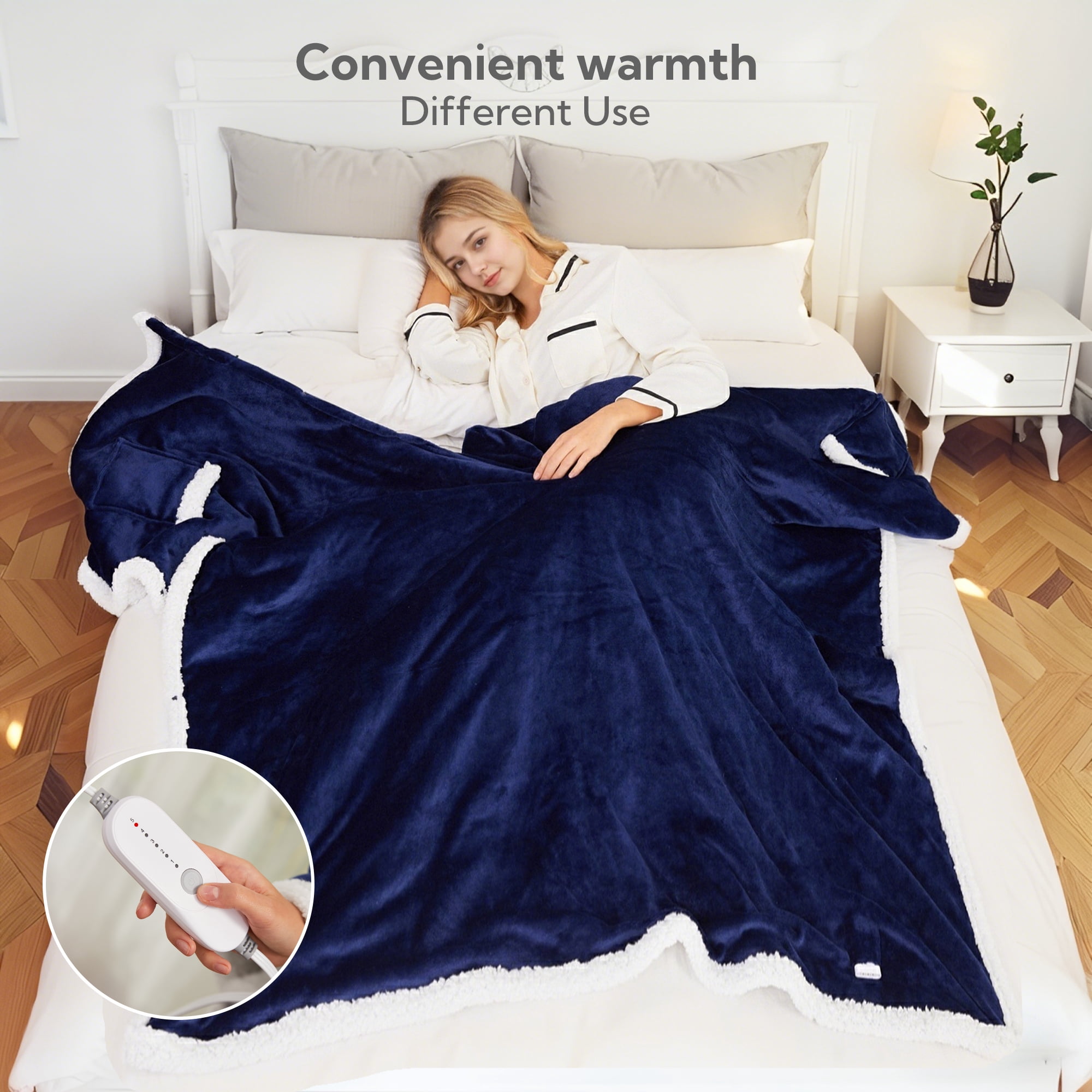 SUNNY HEAT Heated Electric Wearable Throw Blanket with Hood Pockets, 56"x63", Soft Flannel & Sherpa, 3H Auto Shut Off, Machine Washable, Navy blue