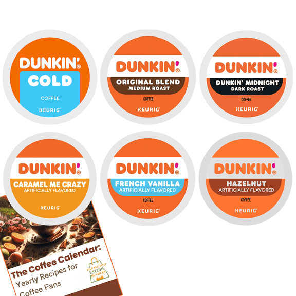 Dunkin Donuts K Cups Coffee Variety Pack, 30pcs – Cold Coffee, Original Blend, Caramel Me Crazy, Vanilla, Hazelnut, Midnight Dark Roast – Keurig Compatible, Flavored Coffee K Cups   Recipe eBook