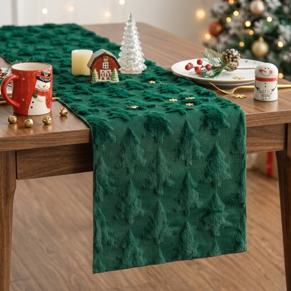 Christmas Table Runner - Soft Plush Faux Fur Jacquard Green Christmas Tree Pattern, Xmas Winter Holiday Kitchen, Mantel, Dining Table Decoration for Christmas Home Party Decor, 13x72 Inch