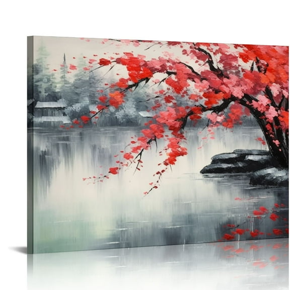 COMIO Traditional Chinese Painting Pink Plum Blossom Canvas Wall Art Modern Black and White Landscape Artwork