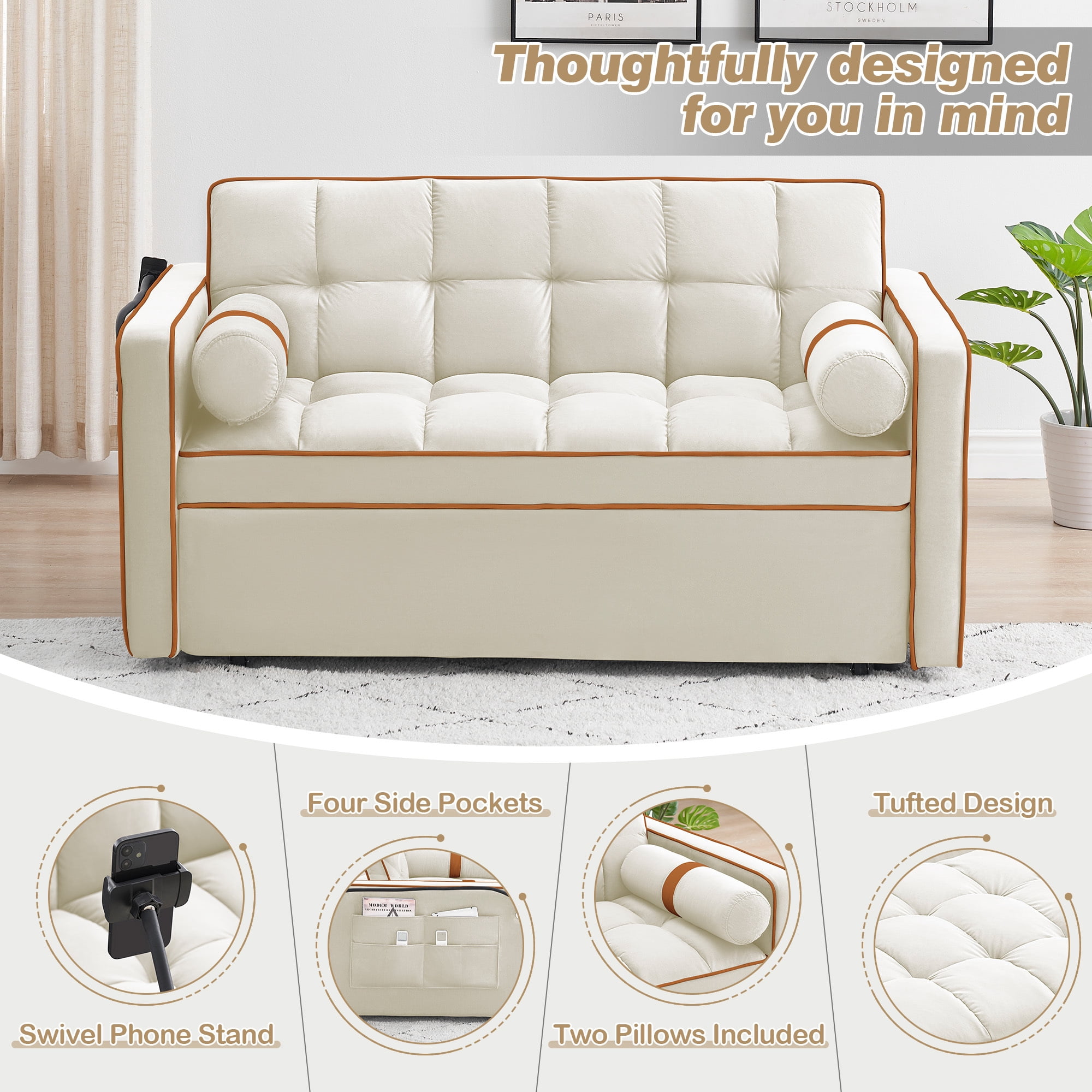 Lunale Convertible Pull Out Sofa Bed with Phone Stand, Tufted Loveseat Sleeper Sofa Bed for Living Room, Beige Velvet