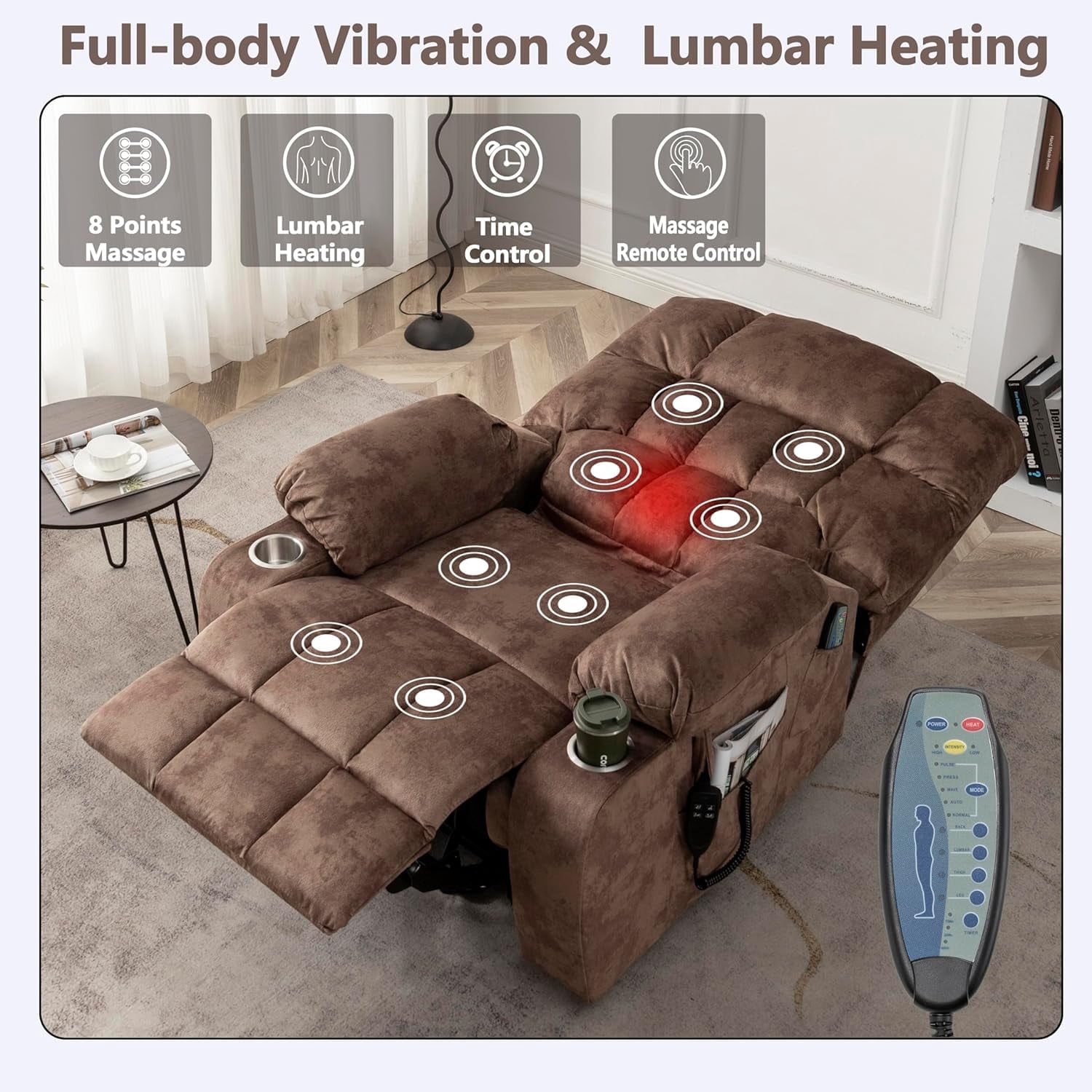 REHOUSING Adult Velvet Massaging and Heat Recliners with Cup Holders and Side Pockets, Brown