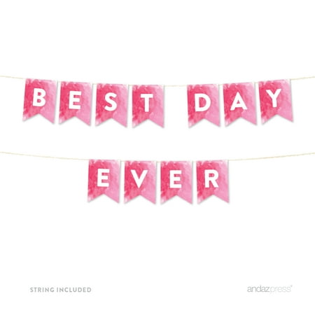 Best Day Ever Pink Watercolor Wedding Hanging Pennant Party Banner with (Best Font For Birthday Banner)