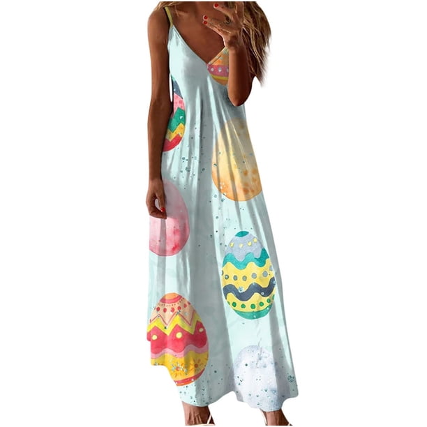 Vestido de Verano Casual sin Mangas Impreso Correa de Cuello en V Vestido de Sol Largo para las Mujeres, Vestido de Vacaciones Suelto