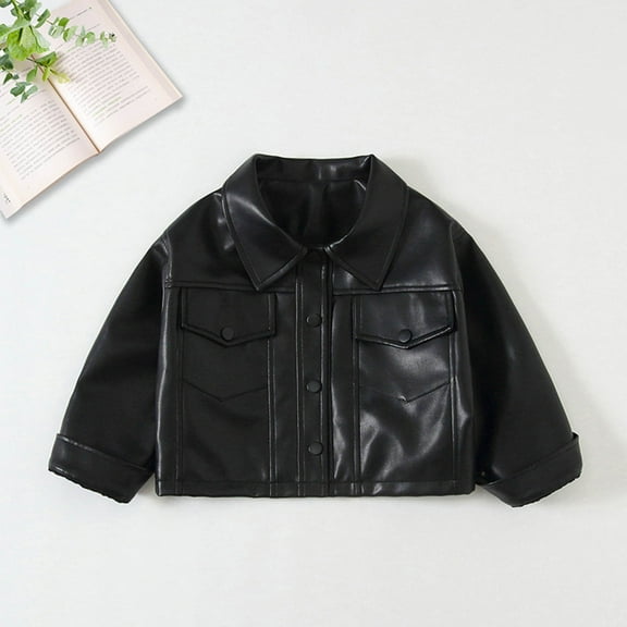 NAISIBABY Girls Leather Jacket, Long Sleeve Fashion Lapel Button-Up Spring Fall Motorcycle Coat Black 12T