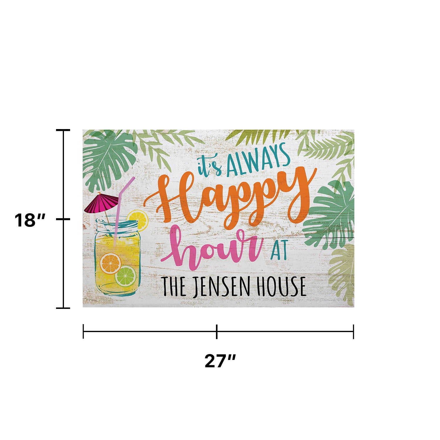 Personalized Planet 27x18 It's Always Happy Hour Doormat with Custom Family Name Printed on Colorful Rectangular 1/8” Thick Non Slip Mat for Kitchen Hallway Deck or Porch