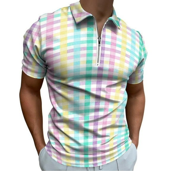 Rainbow Plaid Men Zipper T-shirt Summer Casual Short Sleeve T-shirt Top