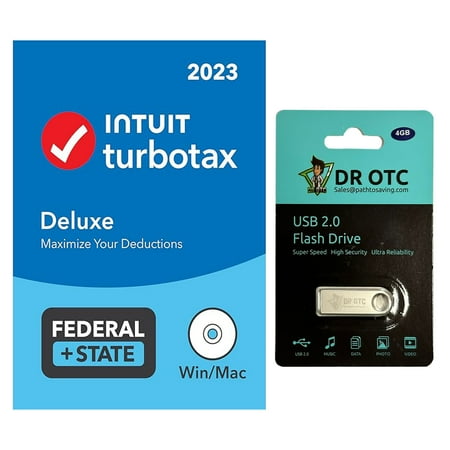 TurboTax Deluxe 2023 Tax Software - Federal & State Tax Return - Physical Disk & Download - BONUS FREE Dr OTC USB Drive 4GB