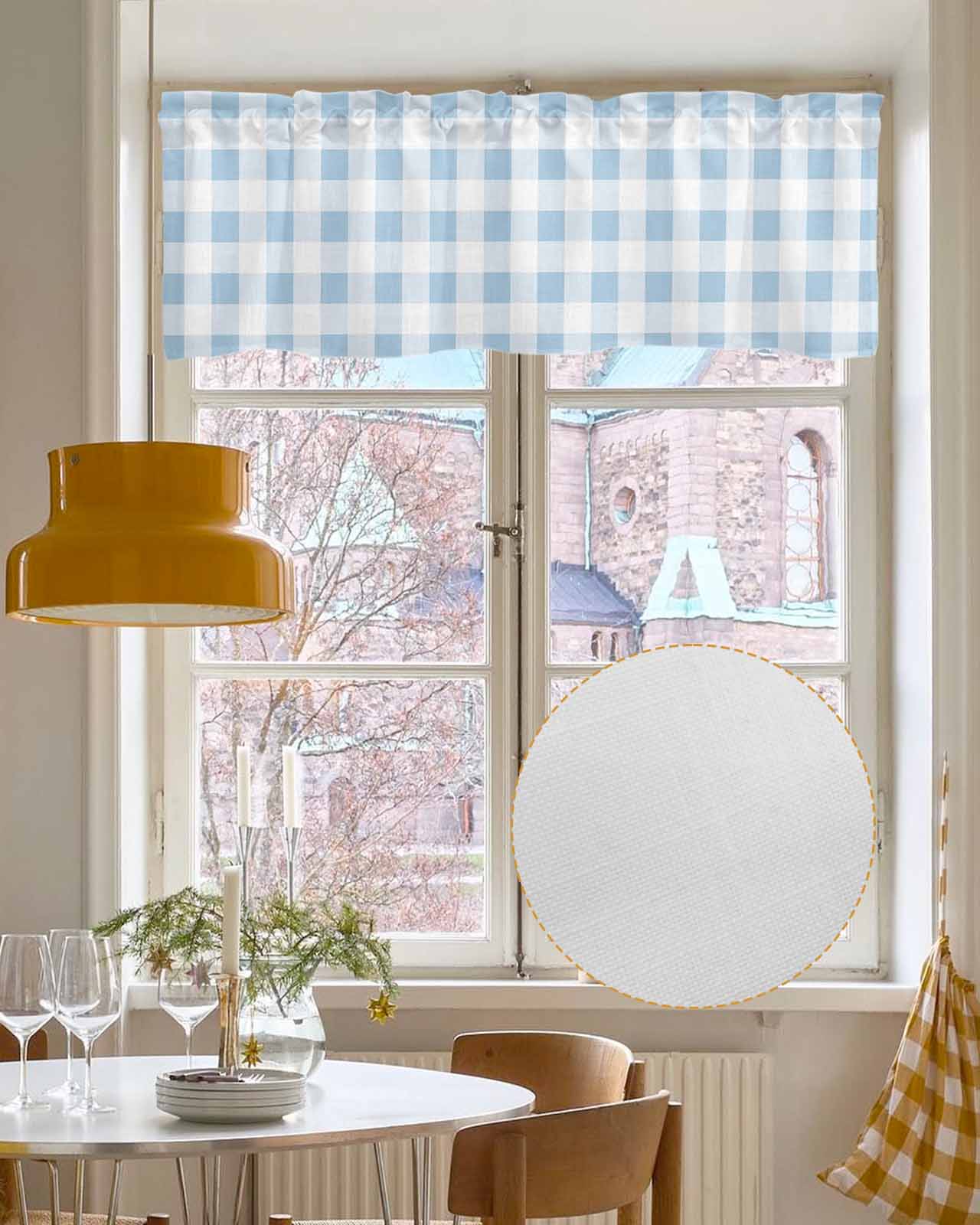 Buffalo Plaid Blue Linen Curtain Valance for Bedroom/Bathroom/Kitchen/Office/Living/Dining Room Windows,Country French Simple White Lattice Pocket Topper Drapes Decorative Cafe Drapery Panel 54x18