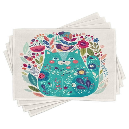 

Cat Placemats Set of 4 Cute Kitty Surrounded by Birds Flowers Ladybugs Inspirational Folk Baby Theme Washable Fabric Place Mats for Dining Room Kitchen Table Decor Seafoam Multicolor by Ambesonne
