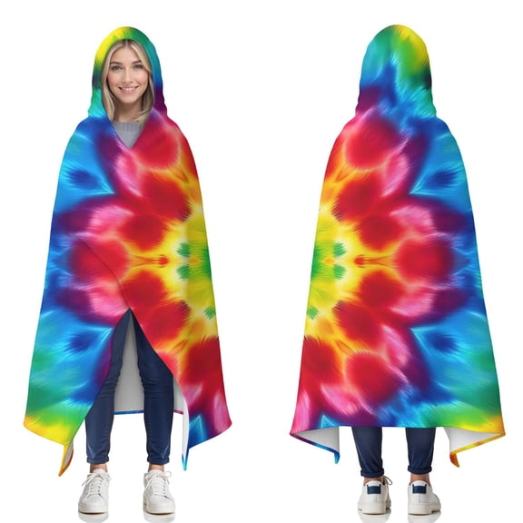 Wearable Blanket,Colorful Tie Dye Mandala Pattern Hooded Wearable Flannel Blanket for Adults & Teens,Winter Poncho Shawl Wrap Cape Cozy Anti-Pill,50"x60"