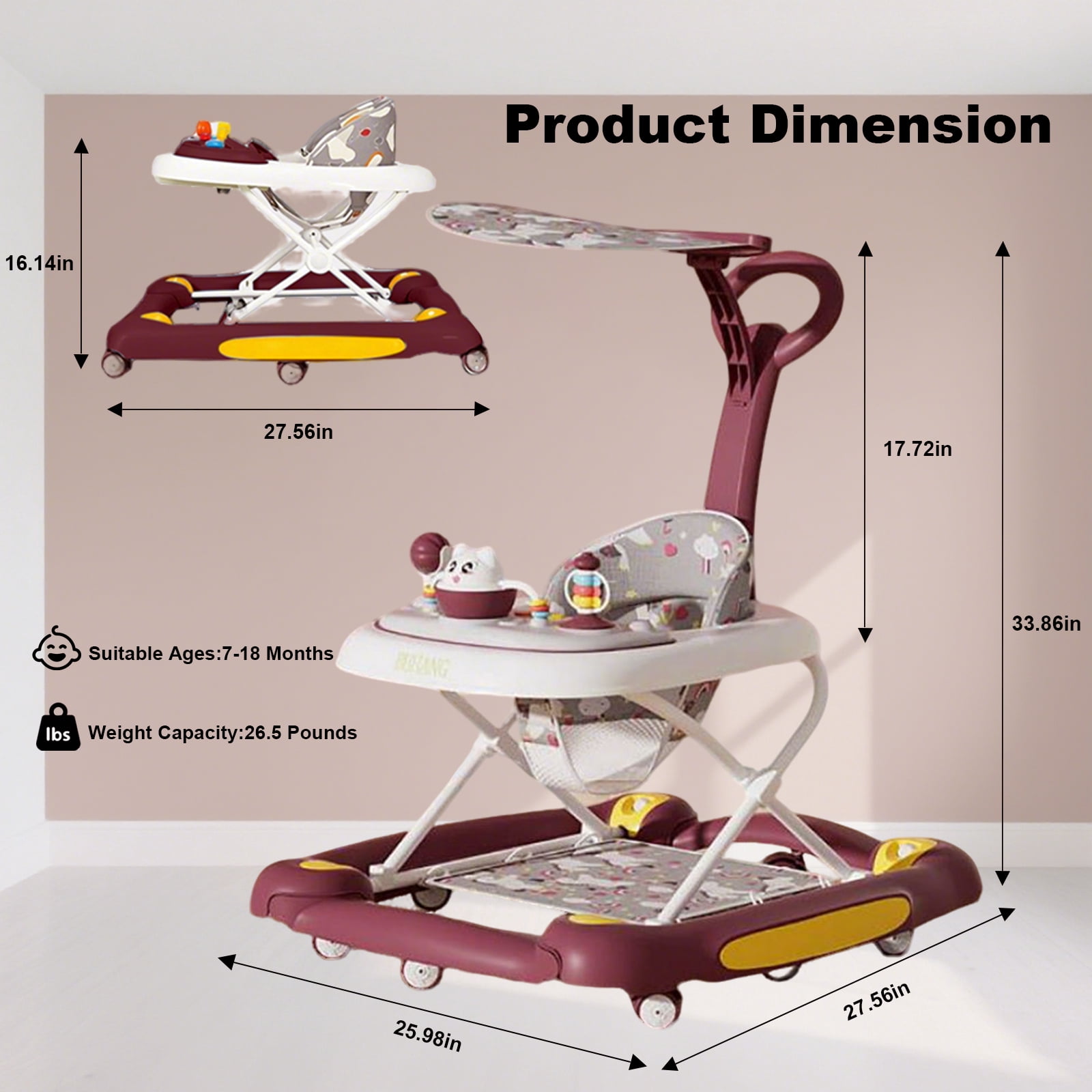 ManyFun baby Walker, 6-in-1 Multi-functional Foldable Push Walker, 6-24 Months, Red