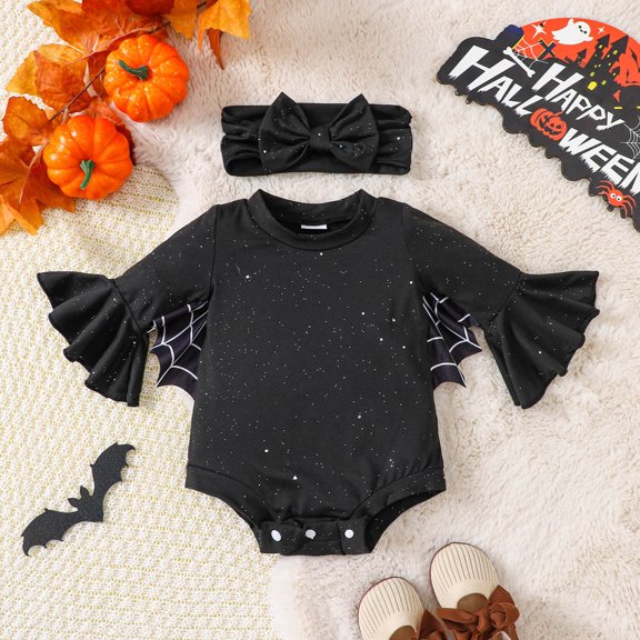Placlothes Kids Girl Hall-oween 100% Cotton 2-Piece Outfit: Bat Wing Romper + Bow Headband, Black, 0-18M,Size 0 Months