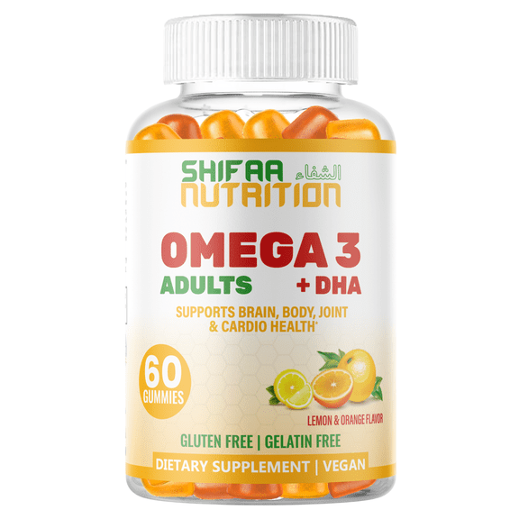 Halal Omega 3 Gummies For Adults, 60 Gummies | No Fish Oil Burps, Plant Based | Chia Oil, Algae | Omega 3 6 9 w/ DHA, Vitamin C | For Brain, Cardiovascular & Immune Support | SHIFAA NUTRITION