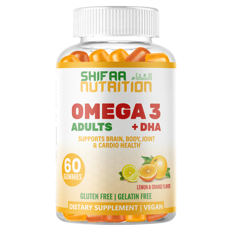 Halal Omega 3 Gummies For Adults, 60 Gummies | No Fish Oil Burps, Plant Based | Chia Oil, Algae | Omega 3 6 9 w/ DHA, Vitamin C | For Brain, Cardiovascular & Immune Support | SHIFAA NUTRITION