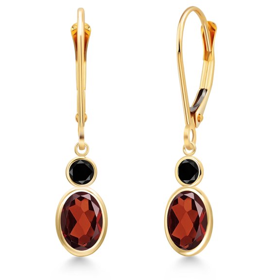 Gem Stone King 14K Yellow Gold Red Garnet and Black Diamond Dangle Earrings for Women | 1.94 Cttw | Gemstone January Birthstone | Oval 7X5MM