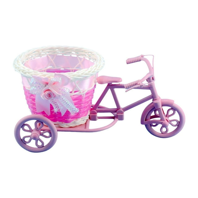Soporte para plantas con flores artificiales para bicicleta, arreglo floral en forma de mini triciclo rosa