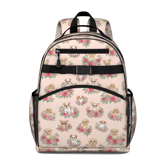 Mixed Breed Dog and Floral Cute School Backpack Bag for School with Padded Back and Adjustable Shoulder Straps 15.25"x11.5"x5.25"