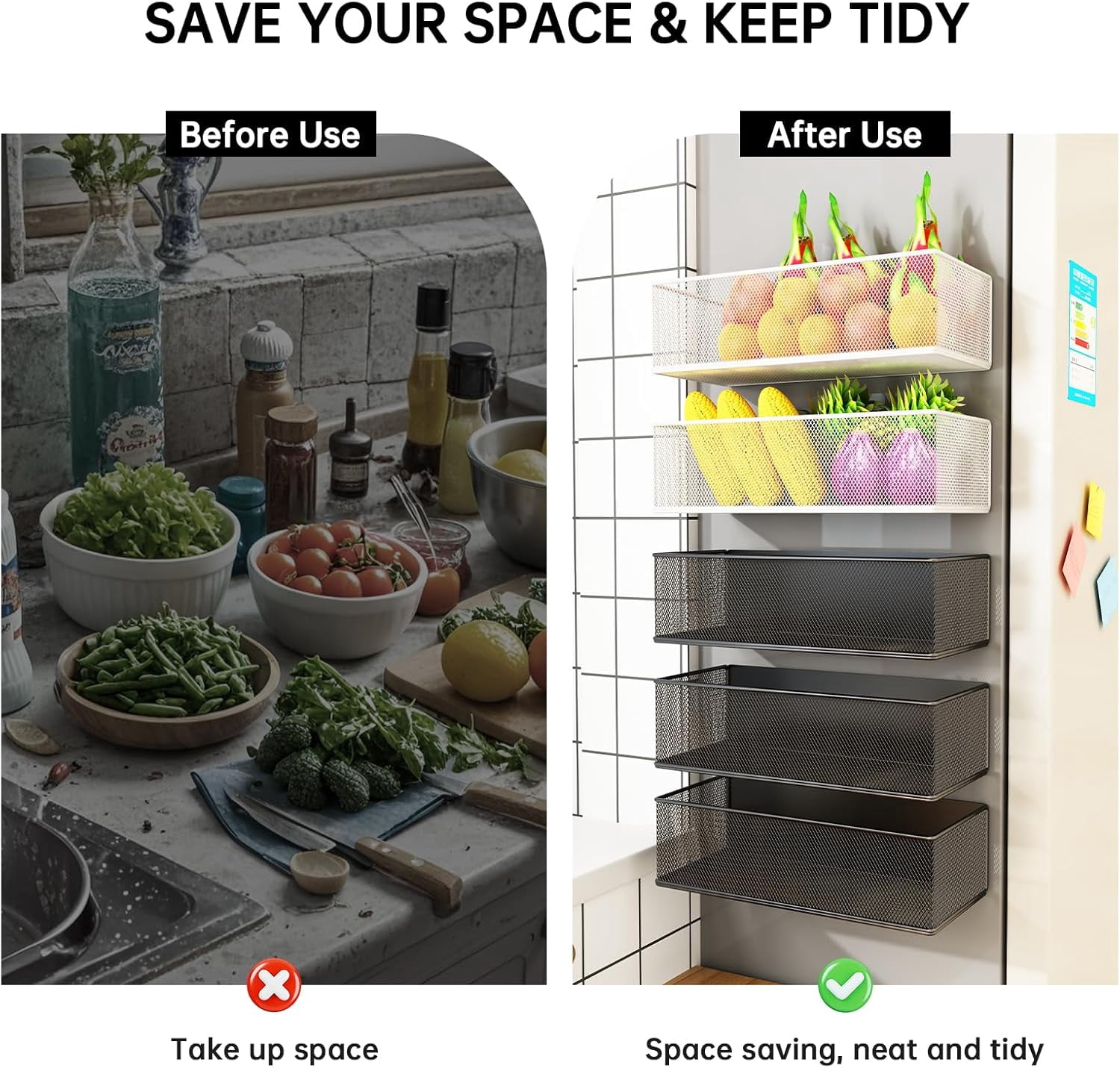 Magnetic Basket Organizer Holder for Fridge Sipce Rack Magnetic Storage Bin Box Containers for Refrigerator Magnetic Shelf for Fridge Whiteboard Classroom (Black, 10.63''L*4.72''W*3.03''H)