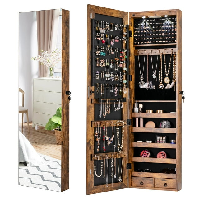 Giantex Jewelry Armoire Wall Door Mounted with LED Lights and Frameless Mirror, Rustic Brown