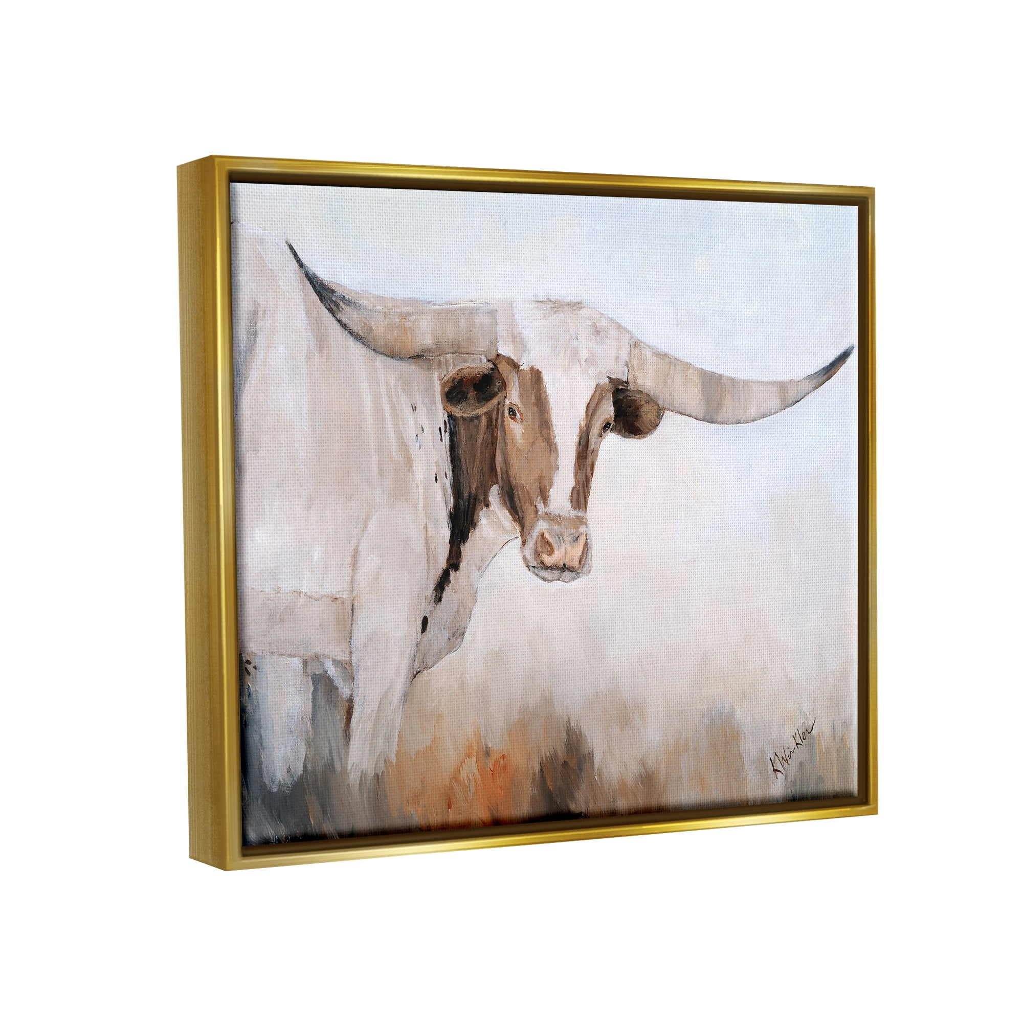 Stupell Farmhouse Cattle Longhorn Painting Animals & Insects Painting Gold Floater Framed Art Print Wall Art