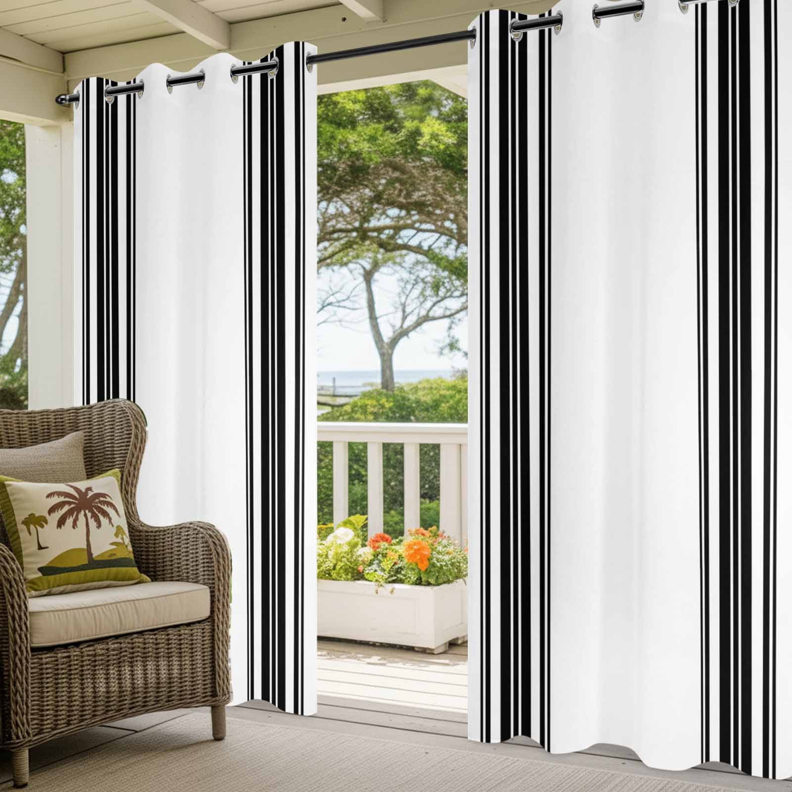 Colorful Stripes Outdoor Curtains for Patio Waterproof, Black Wood Texture White Grommet Curtains for Porch Outside Privacy Drape for Gazebo Garden Pergola, 2 Panels, 54x95in