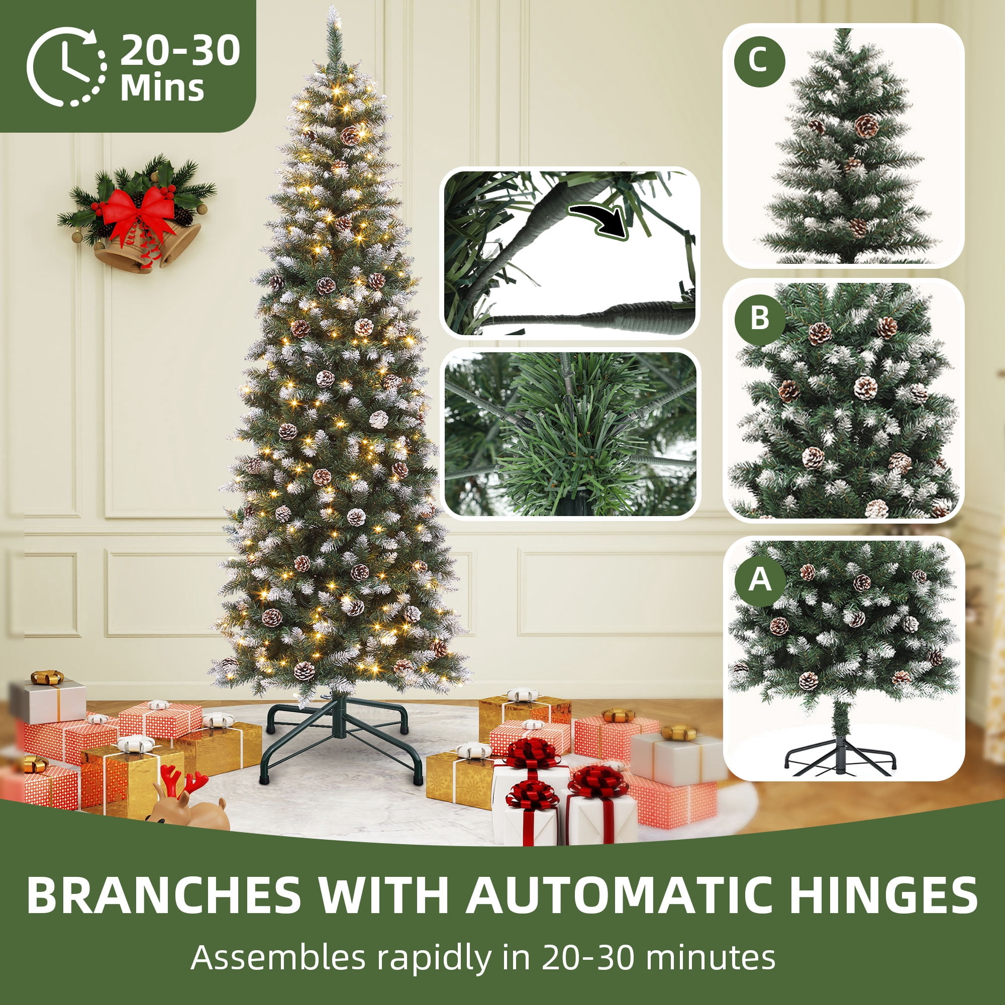Uforic 6 ft Prelit Flocked Artificial Christmas Tree with 618 Tips & 250 Warm-white Lights, Remote Control, Green