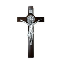 Wooden crucifix with accent silver corpus and Saint Benedict medal
