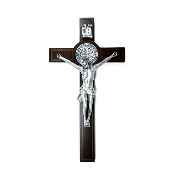 Wooden crucifix with accent silver corpus and Saint Benedict medal