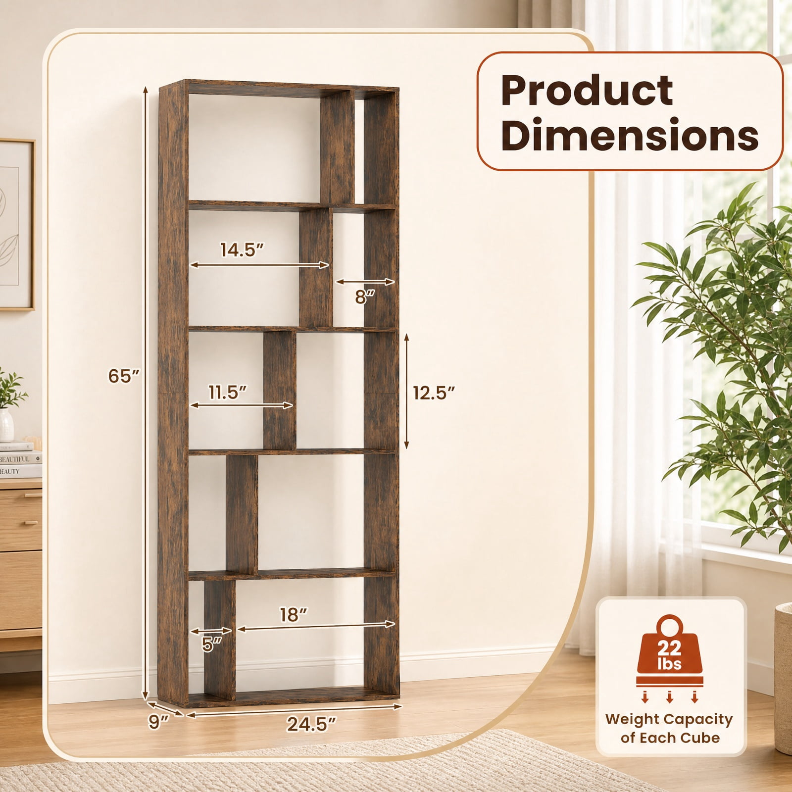 Furnibear 5-Tier Modern Bookshelf with Open Back and 2 Anti-Tipping Kits for Living Room Home Office Bedroom Display Storage Shelf, Brown