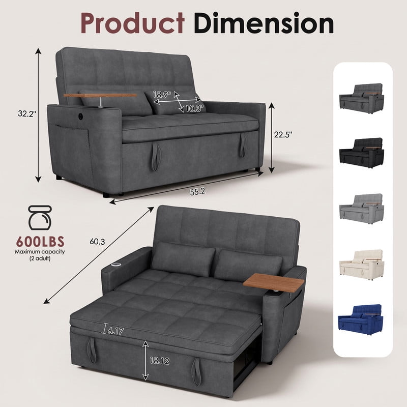 avobird 54'' Pull Out Sofa Bed, Convertible Sleeper Couch for for Living Room, Side Desk, USB Ports, Cup Hold, Velvet Fabric, Adjustable Backrest, Dark Gray